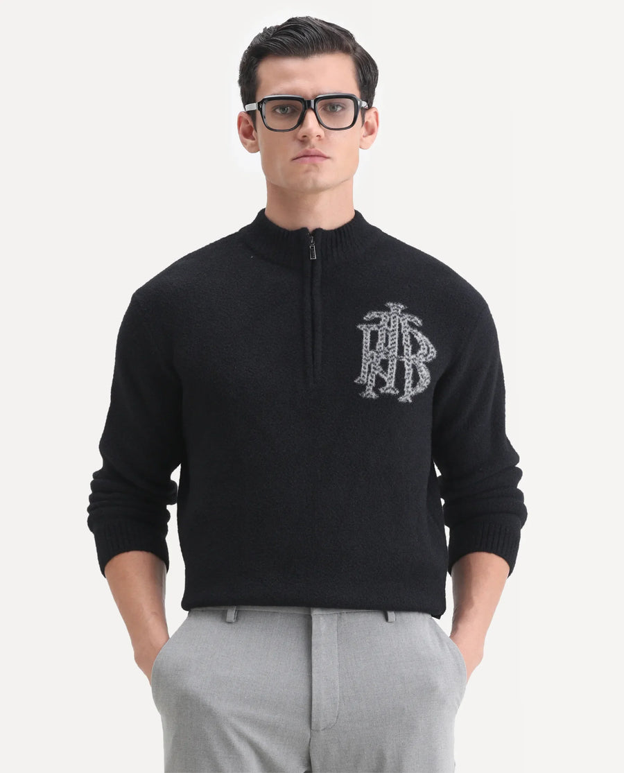 Rare Rabbit Men's Luca Black Nylon Fabric Full Sleeve High Neck Monogram Print Sweater