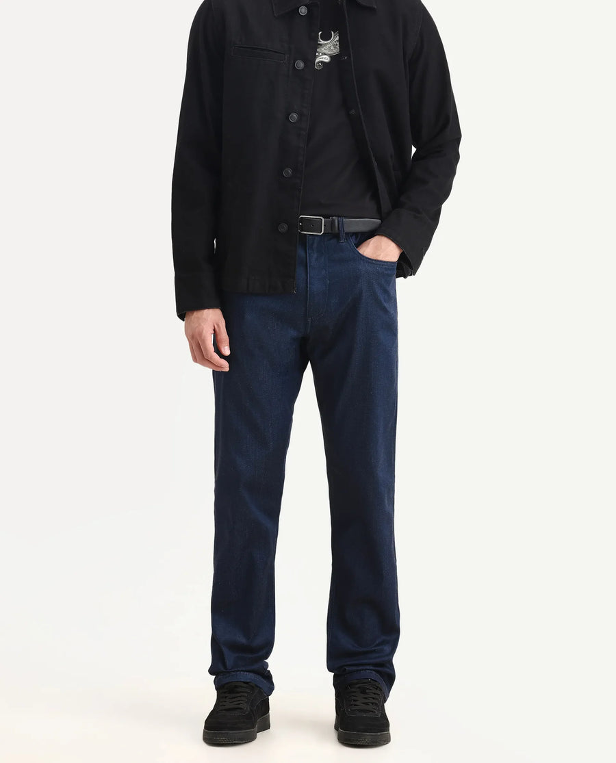 Rare Rabbit Men's Lucas-M Dark Blue Cotton Blend Fabric Morris Regular Fit Plain Jeans