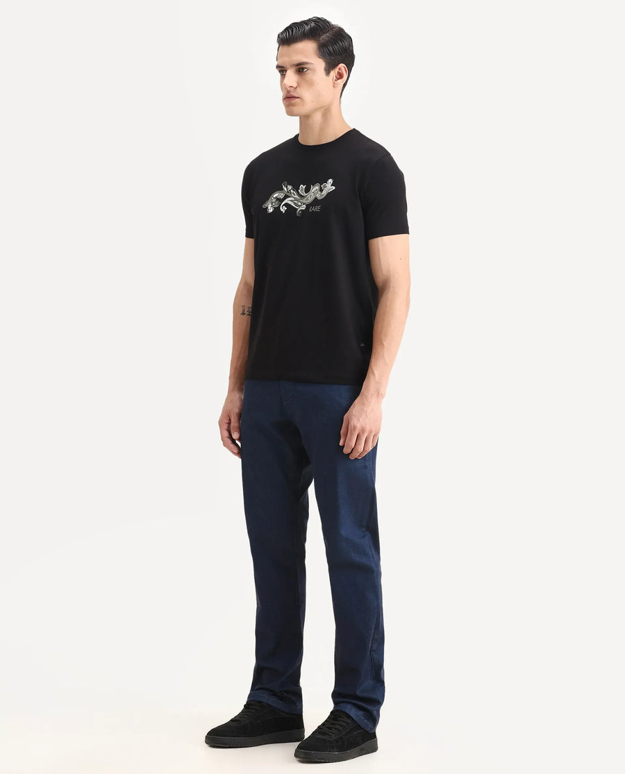 Rare Rabbit Men's Lucas-M Dark Blue Cotton Blend Fabric Morris Regular Fit Plain Jeans