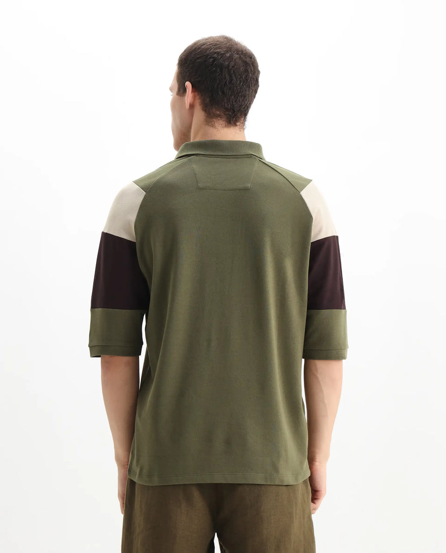 Rare Rabbit Men's Lucid Olive Cotton Blend Cut And Sew Relaxed Fit Half Sleeve Polo