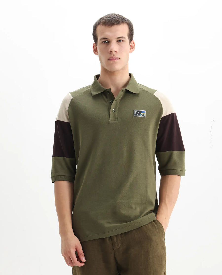 Rare Rabbit Men's Lucid Olive Cotton Blend Cut And Sew Relaxed Fit Half Sleeve Polo