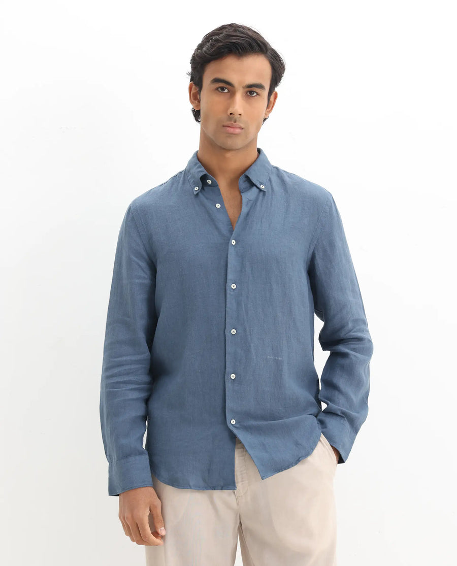 Rare Rabbit Men's Lucis Dusky Blue 100% Linen Plain Regular Fit Full Sleeve Collared Shirt