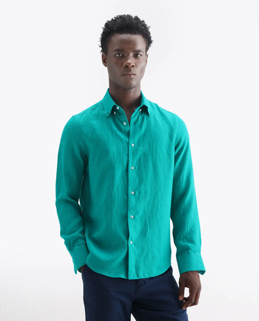 Rare Rabbit Men's Lucis Flouroscent Green 100% Linen Plain Regular Fit Full Sleeve Collared Shirt