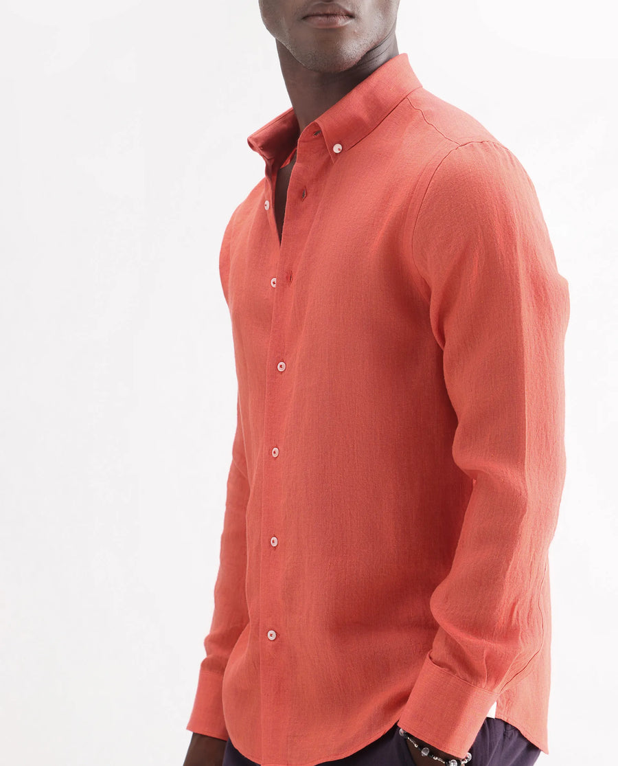 Rare Rabbit Men's Lucis Orange 100% Linen Plain Regular Fit Full Sleeve Collared Shirt