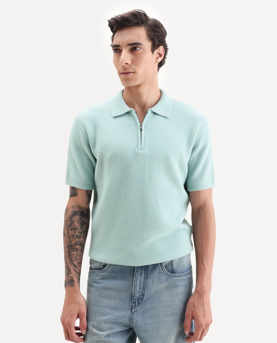 Rare Rabbit Men's Luco Blue Cotton Blend Fabric Collared Neck Regular Plain Polo