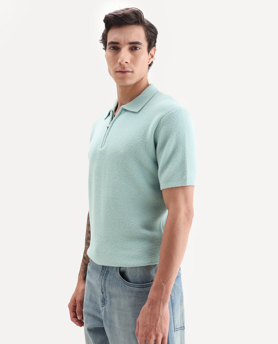 Rare Rabbit Men's Luco Blue Cotton Blend Fabric Collared Neck Regular Plain Polo
