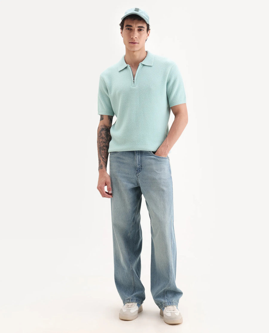Rare Rabbit Men's Luco Blue Cotton Blend Fabric Collared Neck Regular Plain Polo
