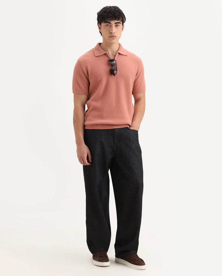 Rare Rabbit Men's Luco Orange Cotton Blend Fabric Collared Neck Regular Plain Polo
