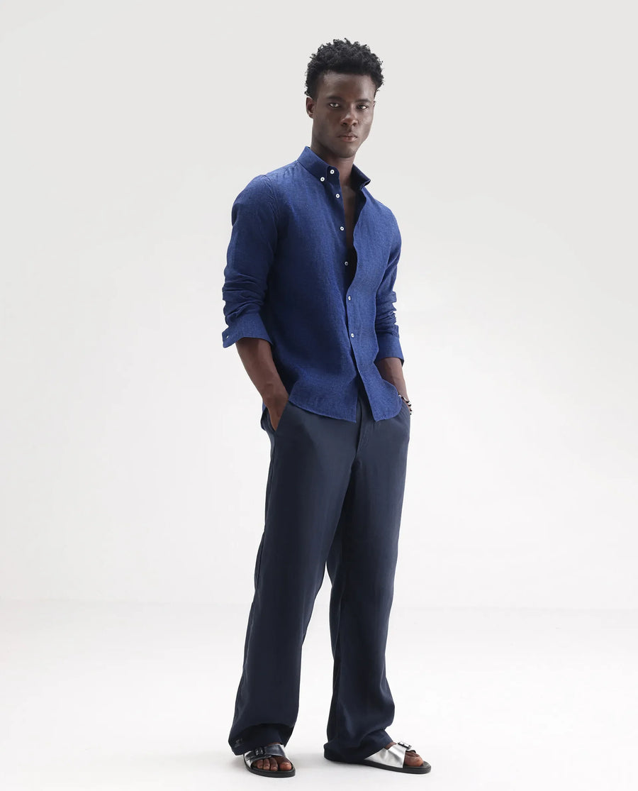 Rare Rabbit Men's Lucis Dark Blue 100% Linen Plain Regular Fit Full Sleeve Collared Shirt