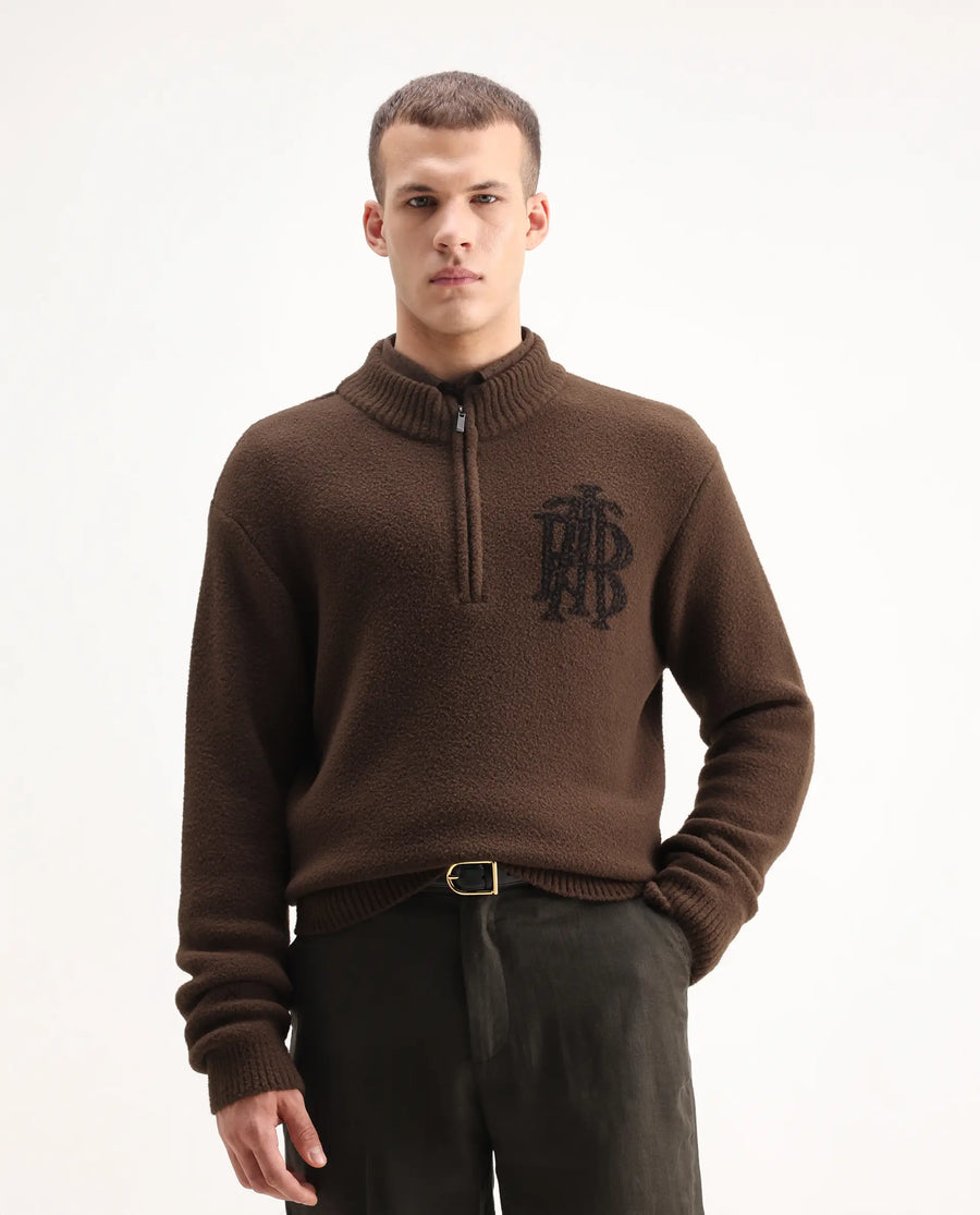 Rare Rabbit Men's Luke Dark Brown Cotton Plain Regular Fit Full Sleeve High Neck Sweater