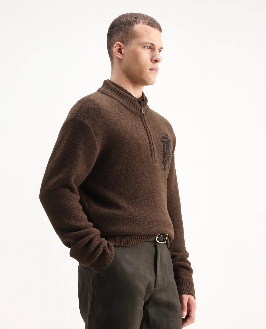 Rare Rabbit Men's Luke Dark Brown Cotton Plain Regular Fit Full Sleeve High Neck Sweater