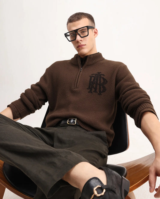 Rare Rabbit Men's Luke Dark Brown Cotton Plain Regular Fit Full Sleeve High Neck Sweater