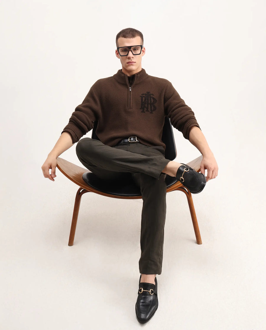 Rare Rabbit Men's Luke Dark Brown Cotton Plain Regular Fit Full Sleeve High Neck Sweater
