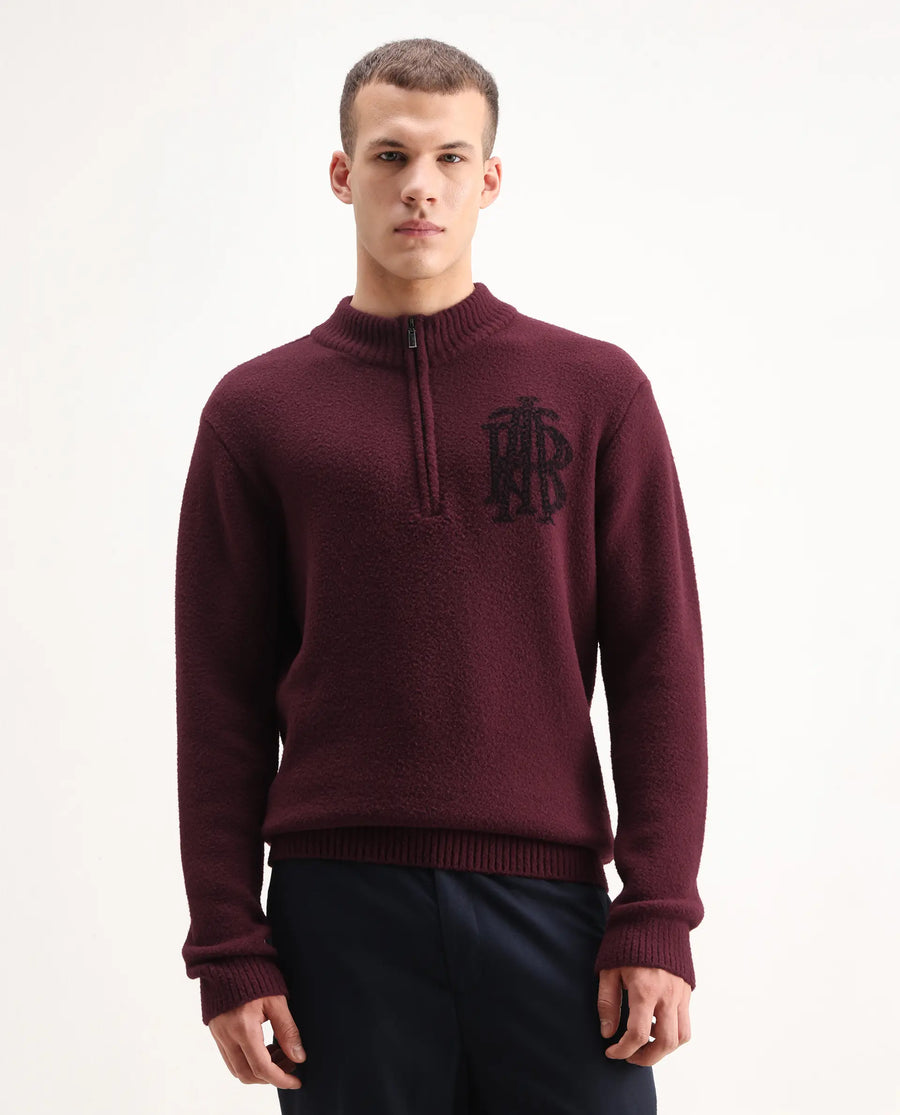 Rare Rabbit Men's Luke Dark Maroon Cotton Plain Regular Fit Full Sleeve High Neck Sweater
