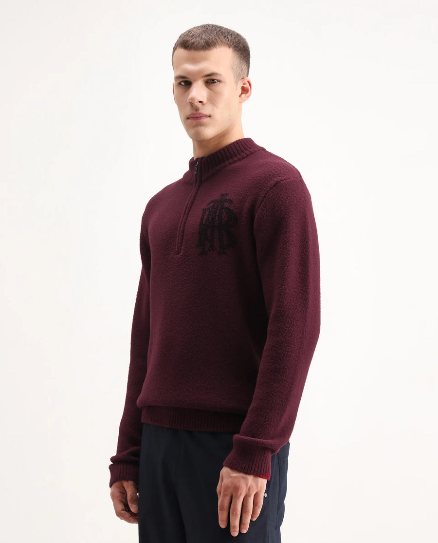 Rare Rabbit Men's Luke Dark Maroon Cotton Plain Regular Fit Full Sleeve High Neck Sweater