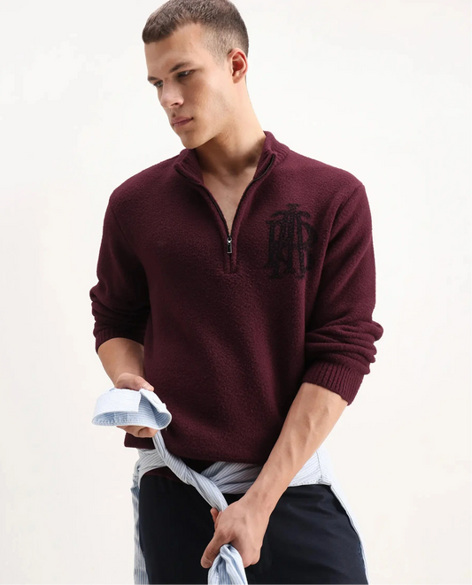 Rare Rabbit Men's Luke Dark Maroon Cotton Plain Regular Fit Full Sleeve High Neck Sweater