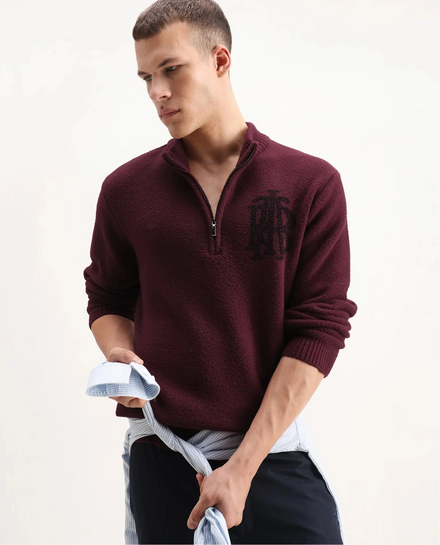Rare Rabbit Men's Luke Dark Maroon Cotton Plain Regular Fit Full Sleeve High Neck Sweater