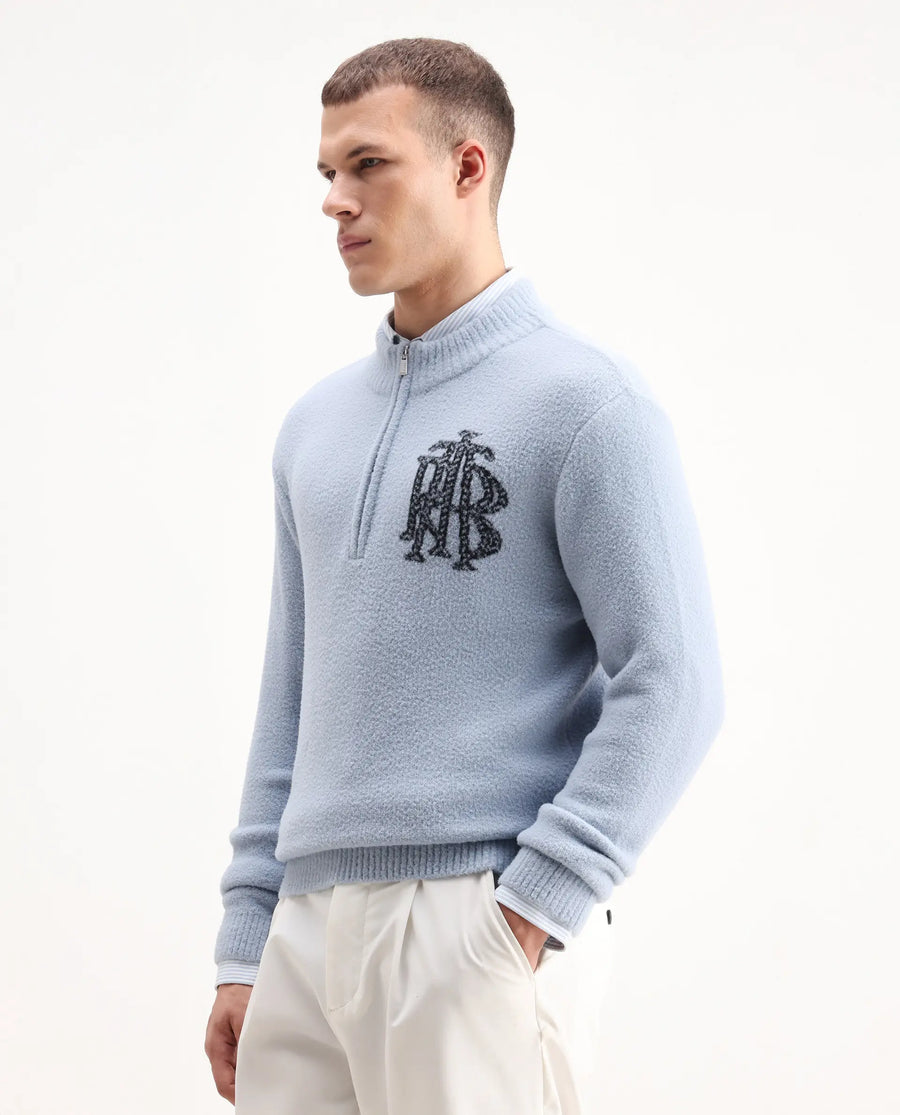 Rare Rabbit Men's Luke Pastel Blue Nylon Plain Regular Fit Full Sleeve High Neck Sweater