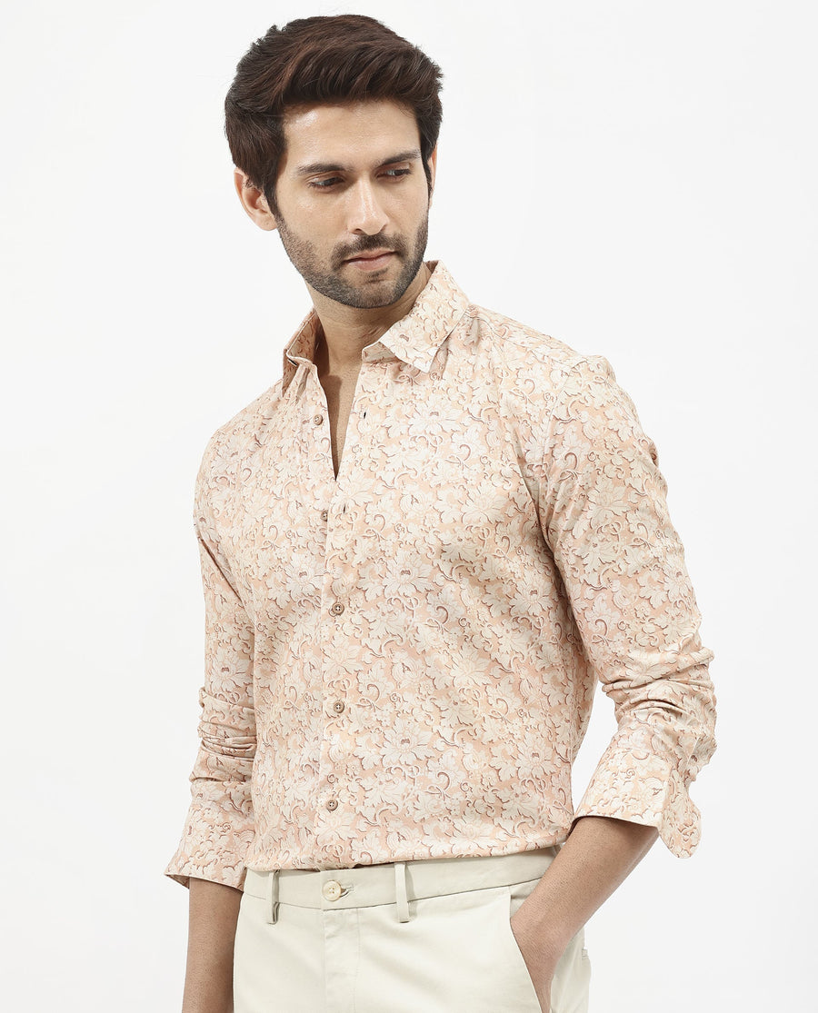Rare Rabbit Men's Lume Dusky Orange Viscose Floral Print Regular Fit Full Sleeve Collared Shirt