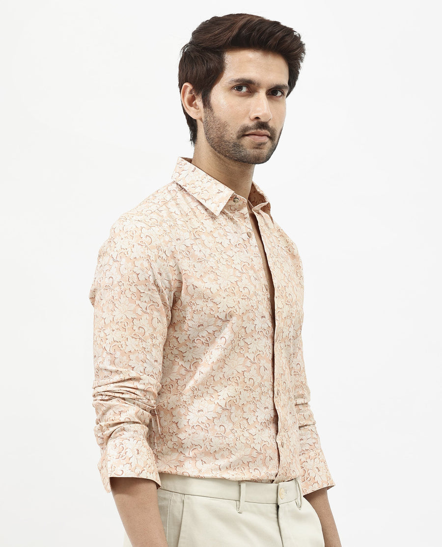 Rare Rabbit Men's Lume Dusky Orange Viscose Floral Print Regular Fit Full Sleeve Collared Shirt