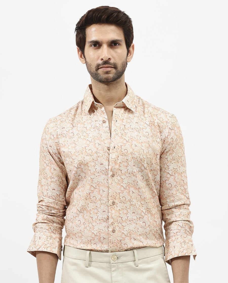 Rare Rabbit Men's Lume Dusky Orange Viscose Floral Print Regular Fit Full Sleeve Collared Shirt