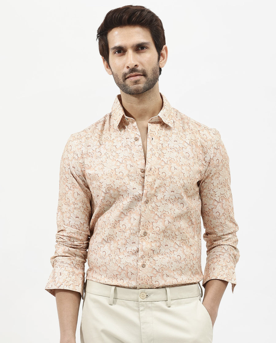 Rare Rabbit Men's Lume Dusky Orange Viscose Floral Print Regular Fit Full Sleeve Collared Shirt