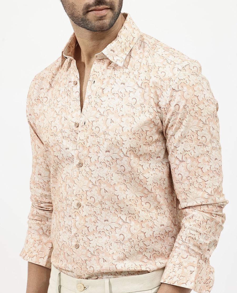 Rare Rabbit Men's Lume Dusky Orange Viscose Floral Print Regular Fit Full Sleeve Collared Shirt