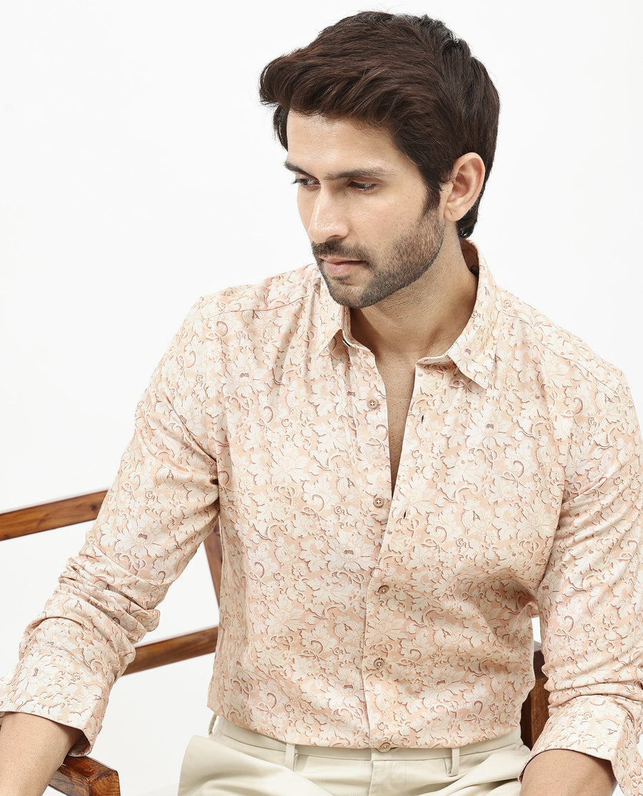 Rare Rabbit Men's Lume Dusky Orange Viscose Floral Print Regular Fit Full Sleeve Collared Shirt