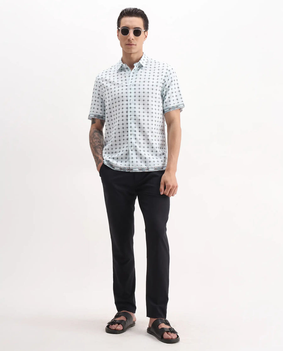 Rare Rabbit Men's Lumi Pastel Blue Cotton Blend Geometric Print Regular Fit Half Sleeve Collared Shirt