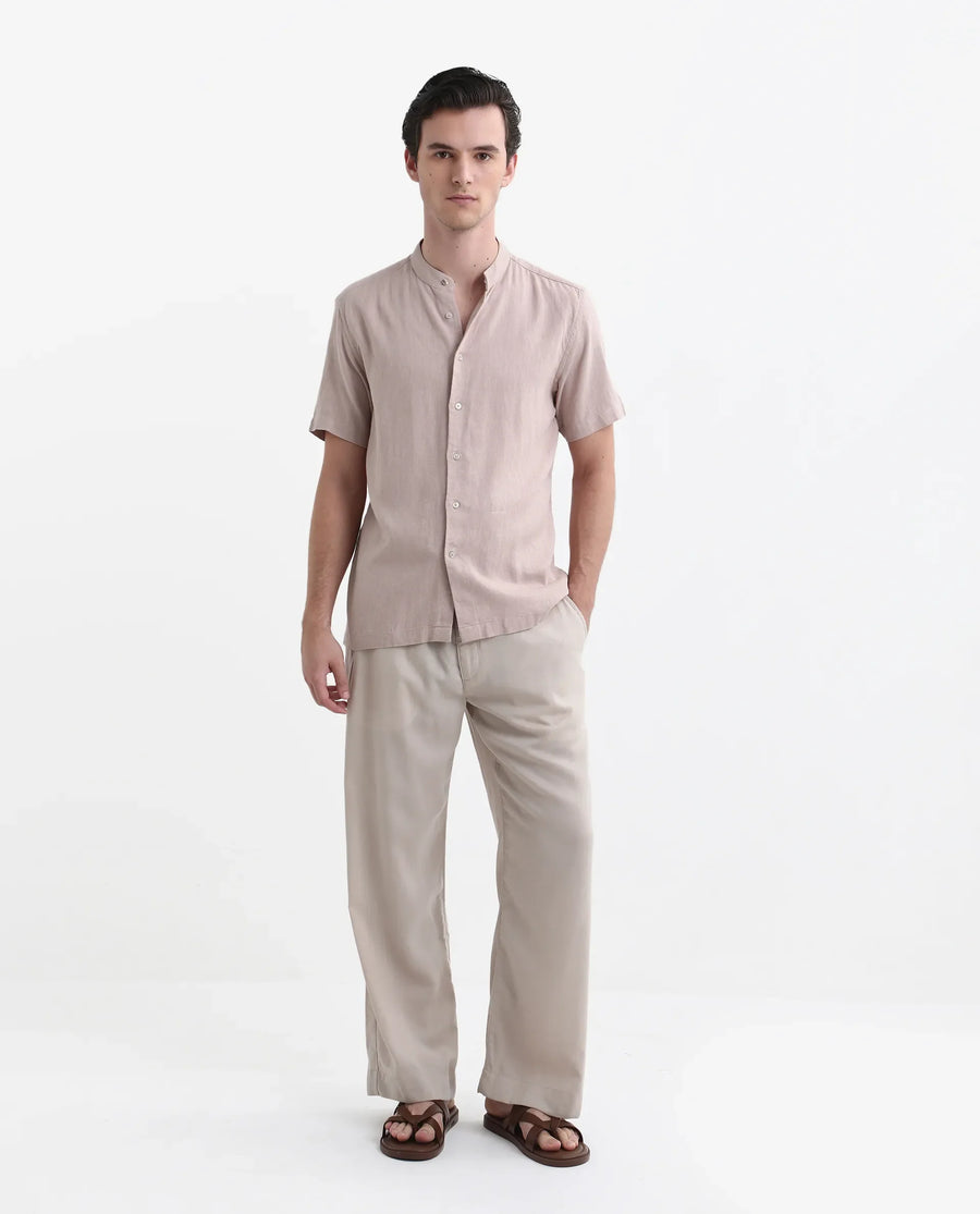 Rare Rabbit Men's Lune Ss Dusky Pink Linen Plain Regular Fit Half Sleeve Mandarin Collar Shirt
