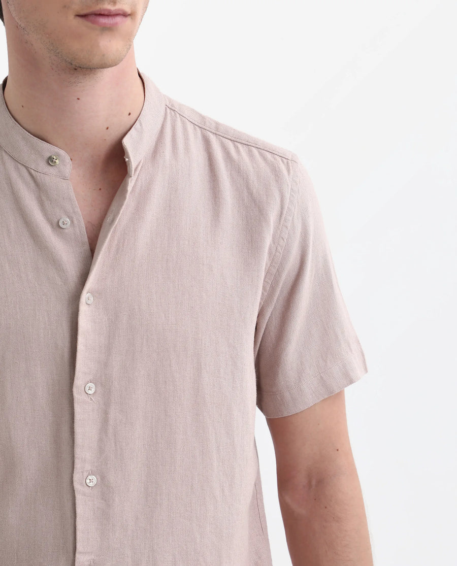 Rare Rabbit Men's Lune Ss Dusky Pink Linen Plain Regular Fit Half Sleeve Mandarin Collar Shirt