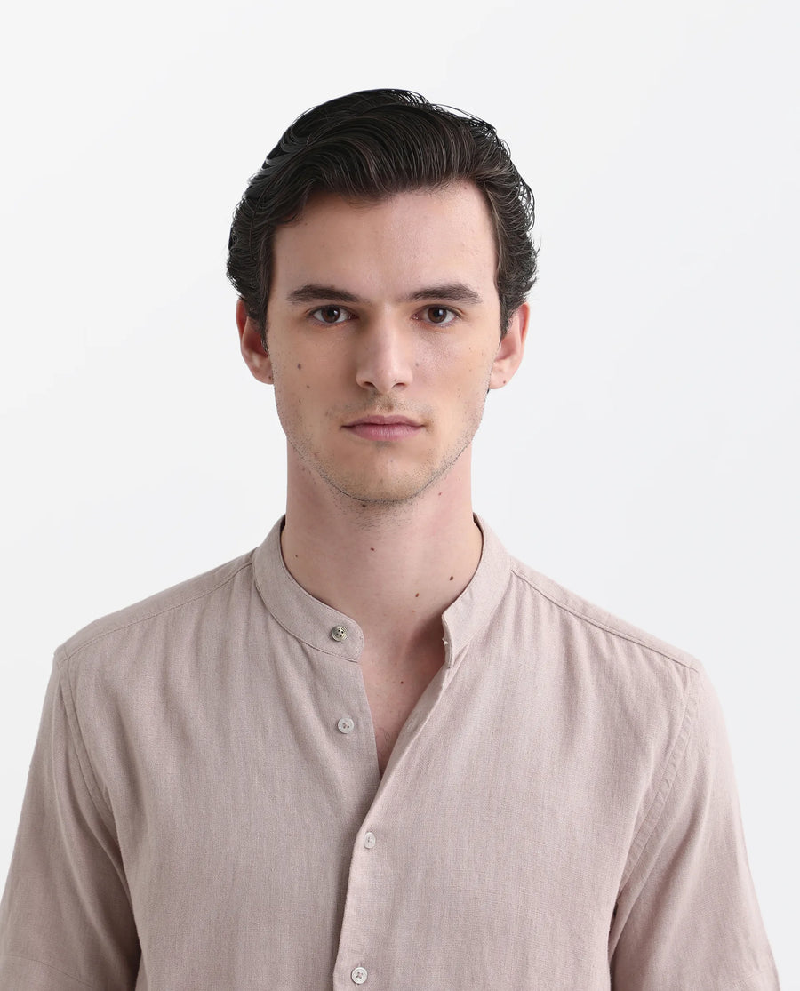 Rare Rabbit Men's Lune Ss Dusky Pink Linen Plain Regular Fit Half Sleeve Mandarin Collar Shirt