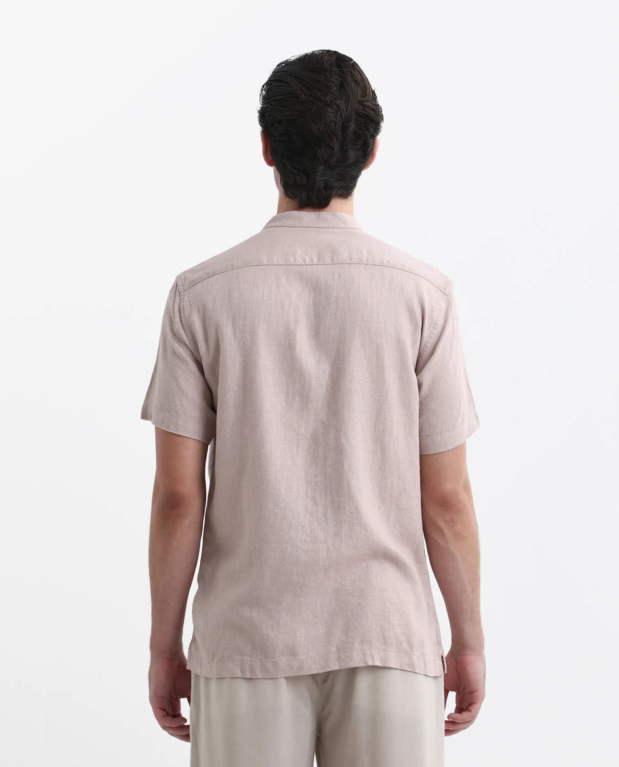 Rare Rabbit Men's Lune Ss Dusky Pink Linen Plain Regular Fit Half Sleeve Mandarin Collar Shirt