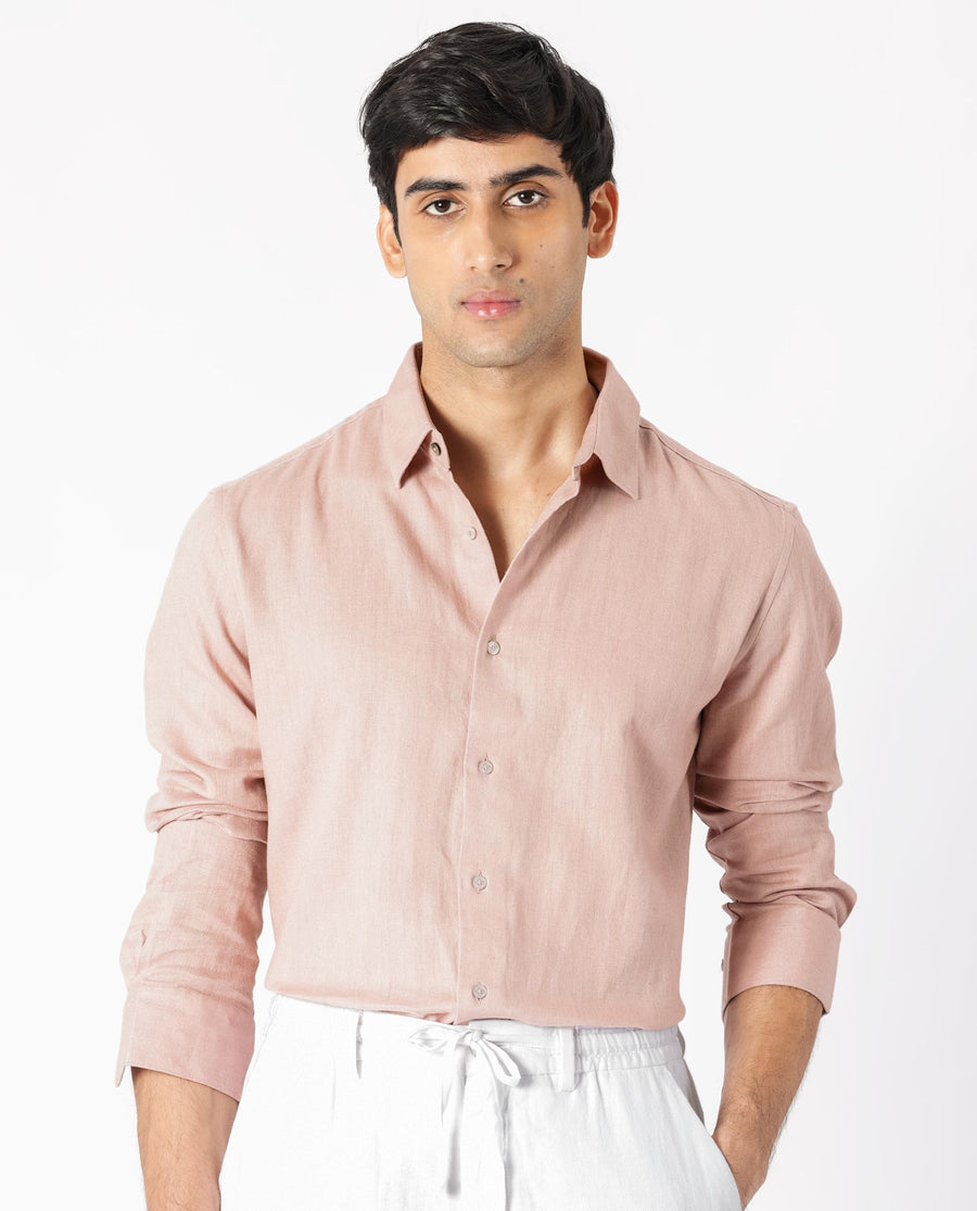 Rare Rabbit Men's Lunet Dusky Pink Linen Full Sleeves Solid Shirt