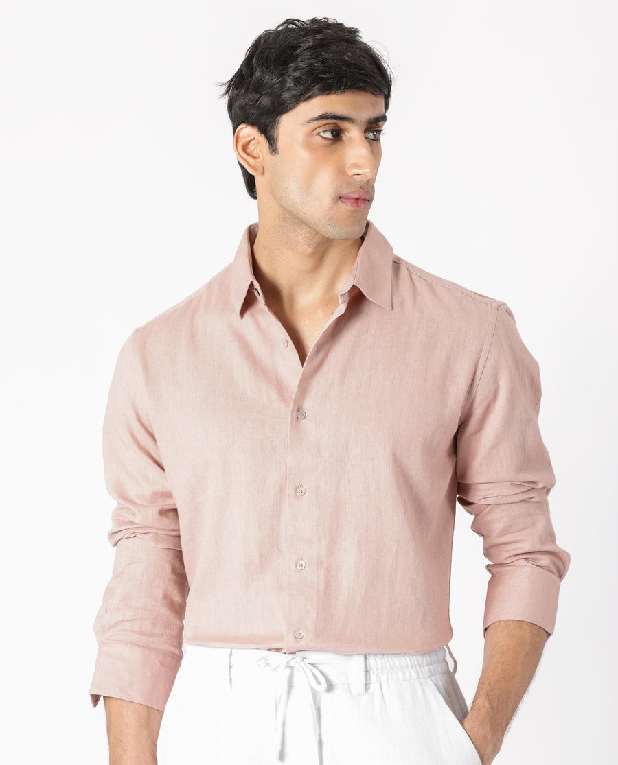 Rare Rabbit Men's Lunet Dusky Pink Linen Full Sleeves Solid Shirt