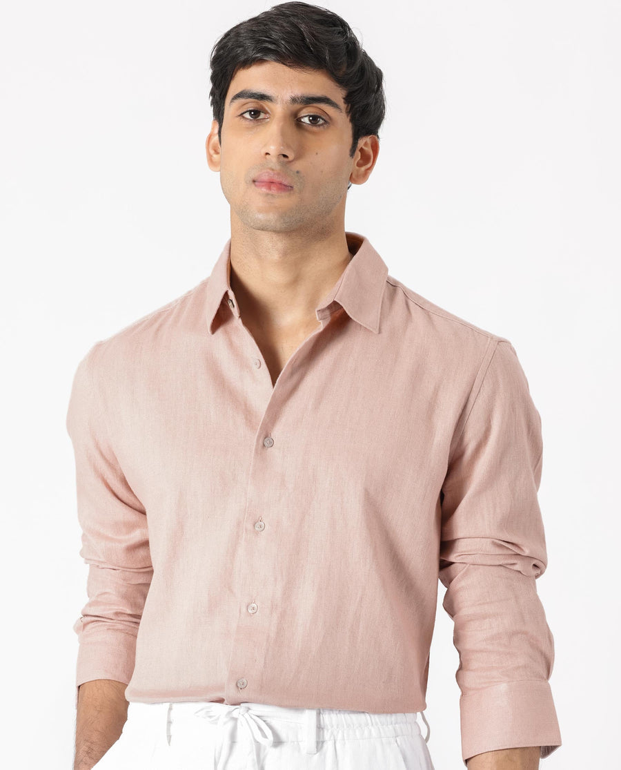 Rare Rabbit Men's Lunet Dusky Pink Linen Full Sleeves Solid Shirt