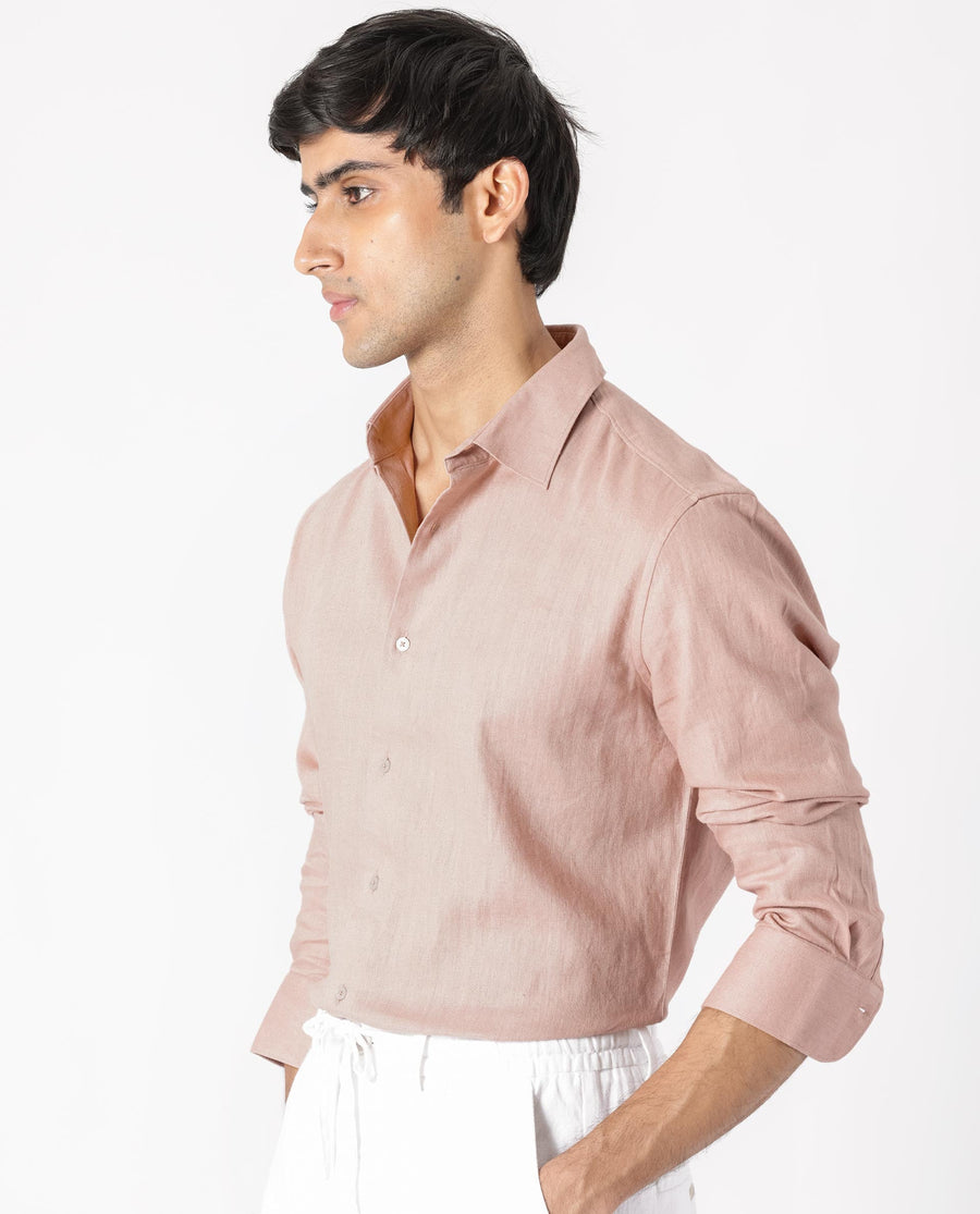 Rare Rabbit Men's Lunet Dusky Pink Linen Full Sleeves Solid Shirt