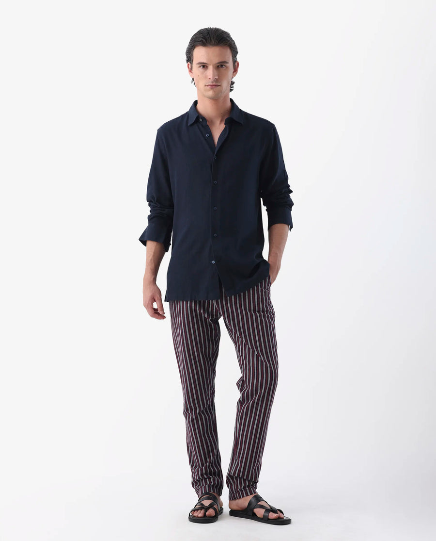 Rare Rabbit Men's Lunet Dark Navy Linen Full Sleeves Solid Shirt