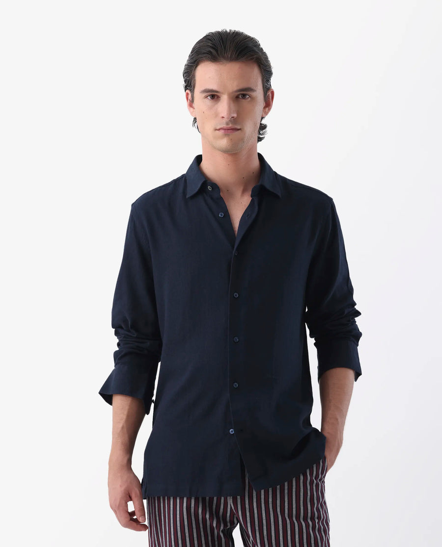 Rare Rabbit Men's Lunet Dark Navy Linen Full Sleeves Solid Shirt