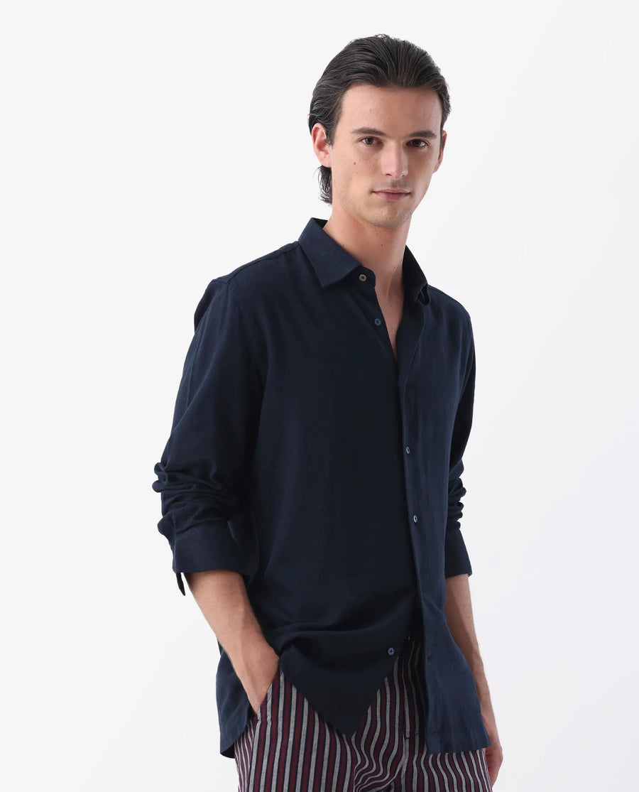 Rare Rabbit Men's Lunet Dark Navy Linen Full Sleeves Solid Shirt