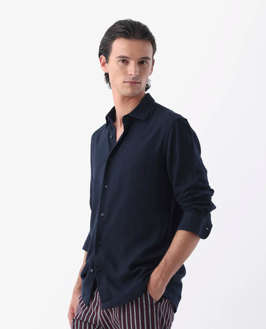 Rare Rabbit Men's Lunet Dark Navy Linen Full Sleeves Solid Shirt
