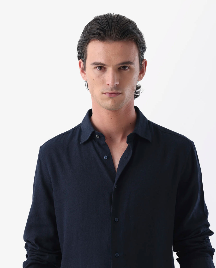 Rare Rabbit Men's Lunet Dark Navy Linen Full Sleeves Solid Shirt