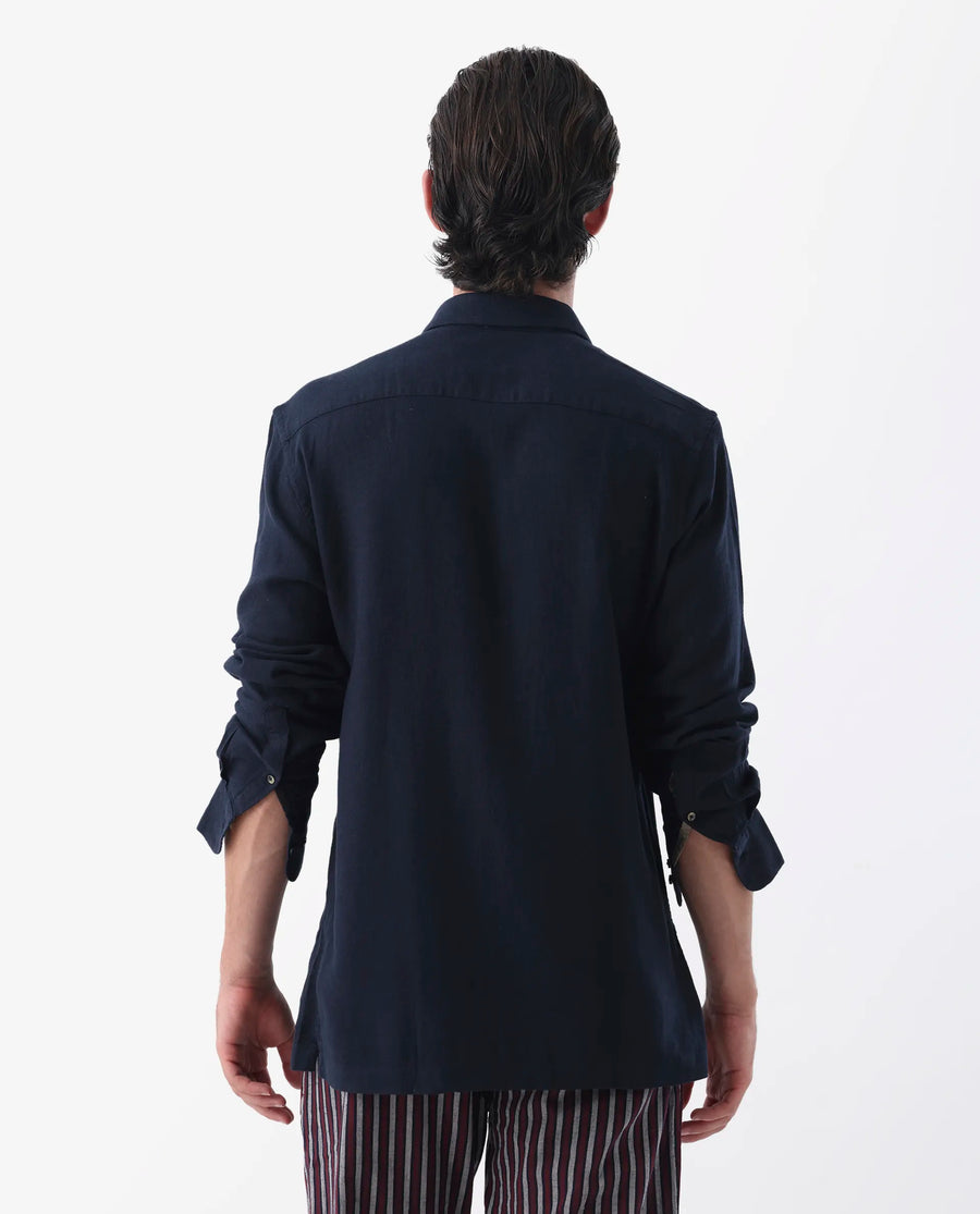 Rare Rabbit Men's Lunet Dark Navy Linen Full Sleeves Solid Shirt