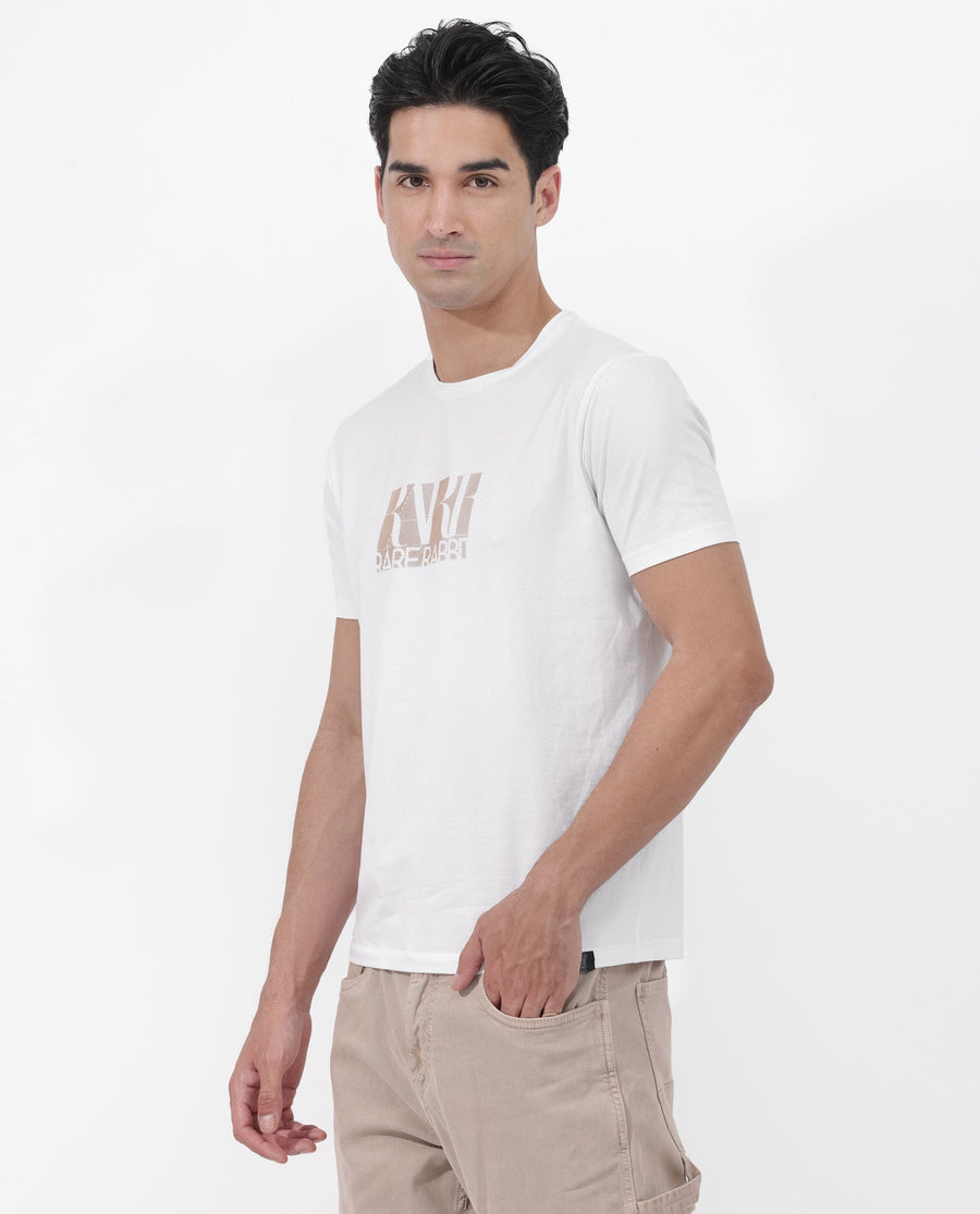 Rare Rabbit Men's Luno White Cotton Blend Graphic Print Regular Fit Half Sleeve Crew Neck T-Shirt