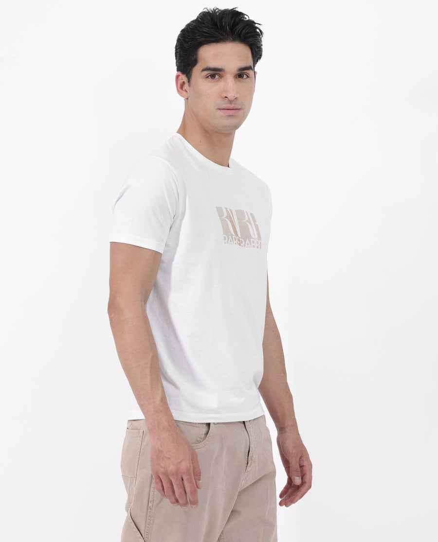 Rare Rabbit Men's Luno White Cotton Blend Graphic Print Regular Fit Half Sleeve Crew Neck T-Shirt