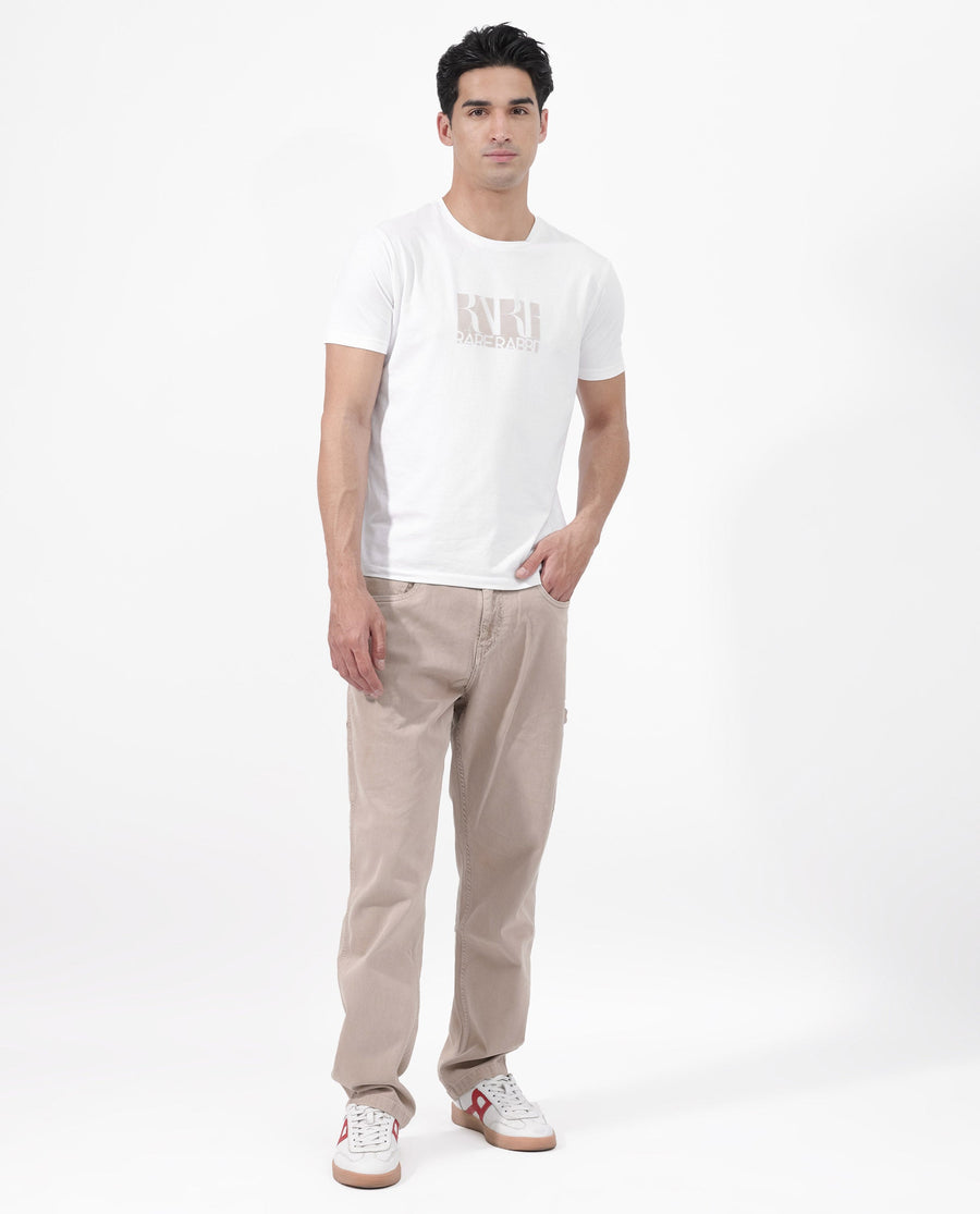 Rare Rabbit Men's Luno White Cotton Blend Graphic Print Regular Fit Half Sleeve Crew Neck T-Shirt