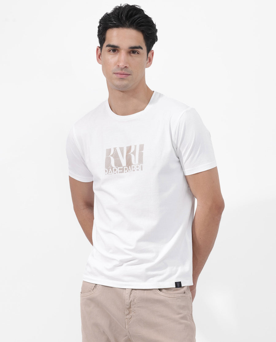 Rare Rabbit Men's Luno White Cotton Blend Graphic Print Regular Fit Half Sleeve Crew Neck T-Shirt