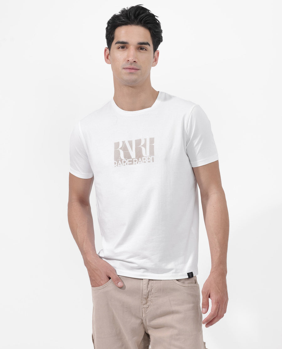 Rare Rabbit Men's Luno White Cotton Blend Graphic Print Regular Fit Half Sleeve Crew Neck T-Shirt