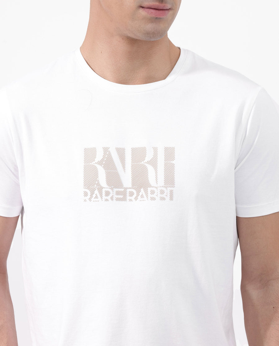Rare Rabbit Men's Luno White Cotton Blend Graphic Print Regular Fit Half Sleeve Crew Neck T-Shirt