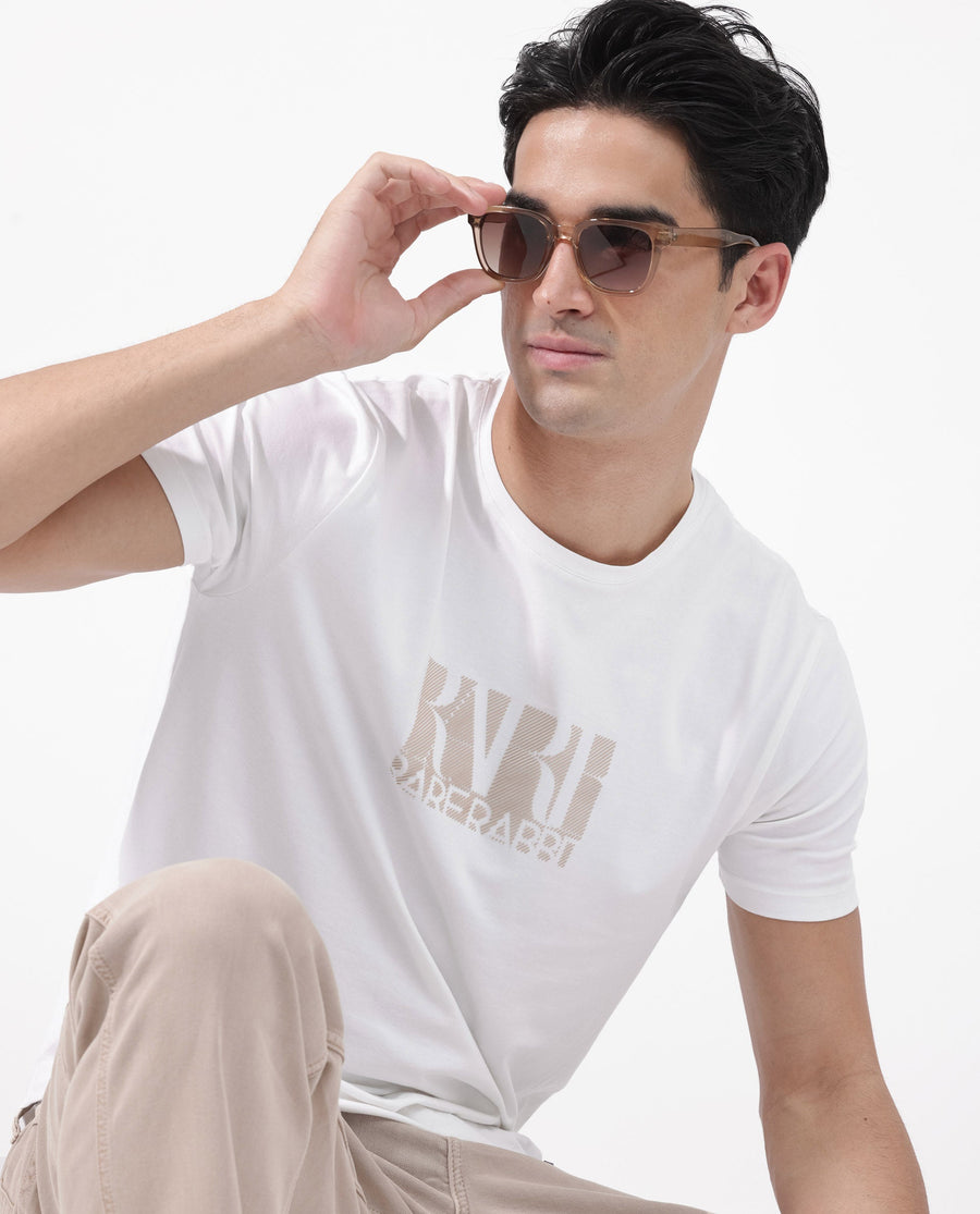 Rare Rabbit Men's Luno White Cotton Blend Graphic Print Regular Fit Half Sleeve Crew Neck T-Shirt